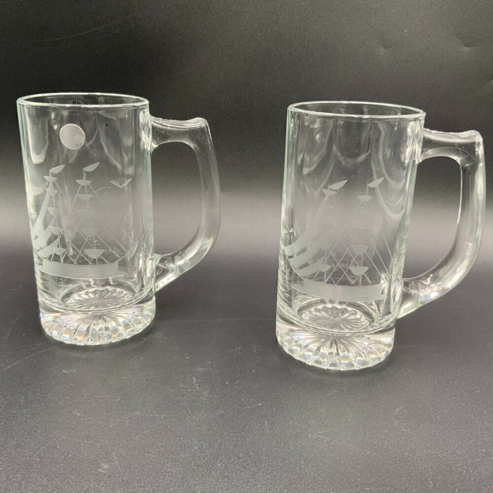 Handmade Badash Crystal Poland Hand-Cut Tall Ship Seagulls Beer Mugs EUC